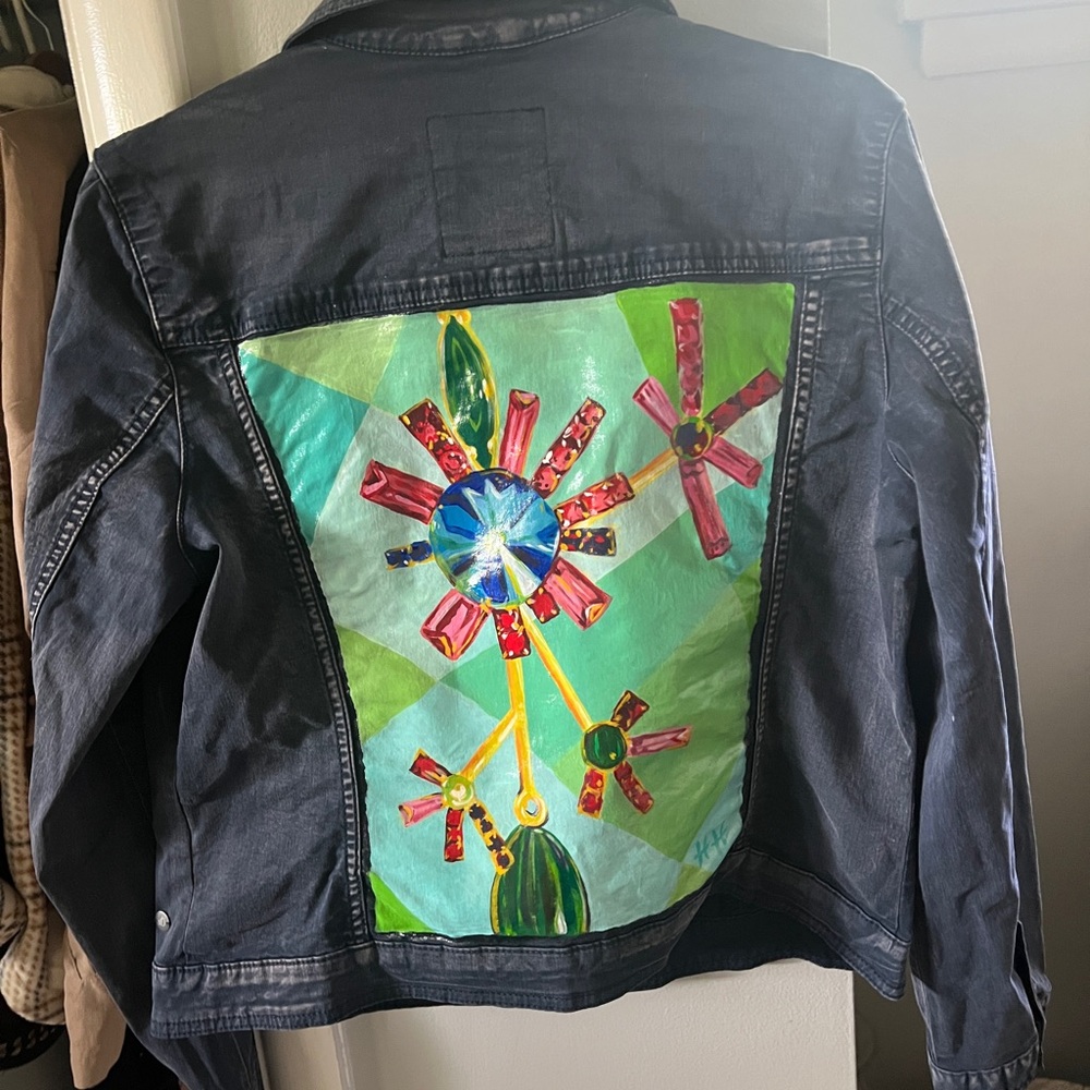 Artistic Dark Blue Jean Jacket with Vibrant Hand Painted Design